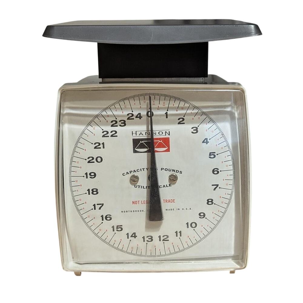 Vintage Hanson Kitchen Scale 25 Lb Mechanical White With Tray Analog USA